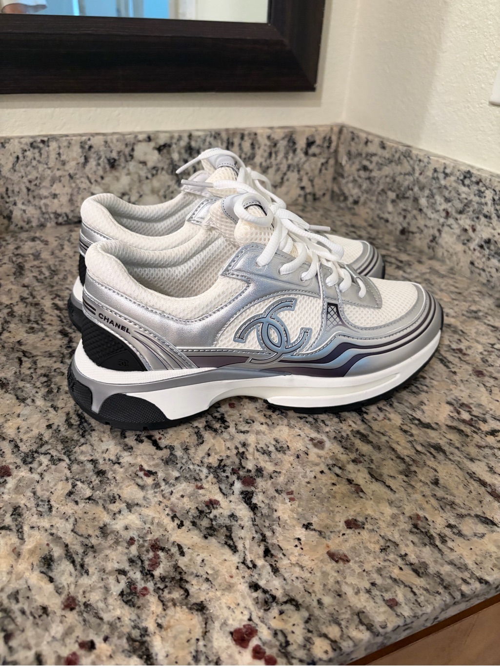 Chanel Silver  White Athletic Sneakers For Men Or Women